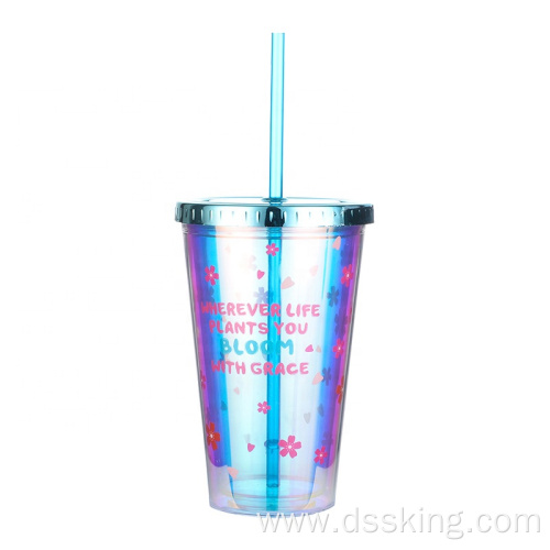 Laser paper printed double plastic cup magic color cup with lid and straw